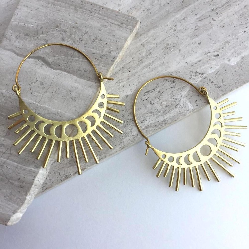 Moon Phase / Sun Burst Gold hoop Earrings